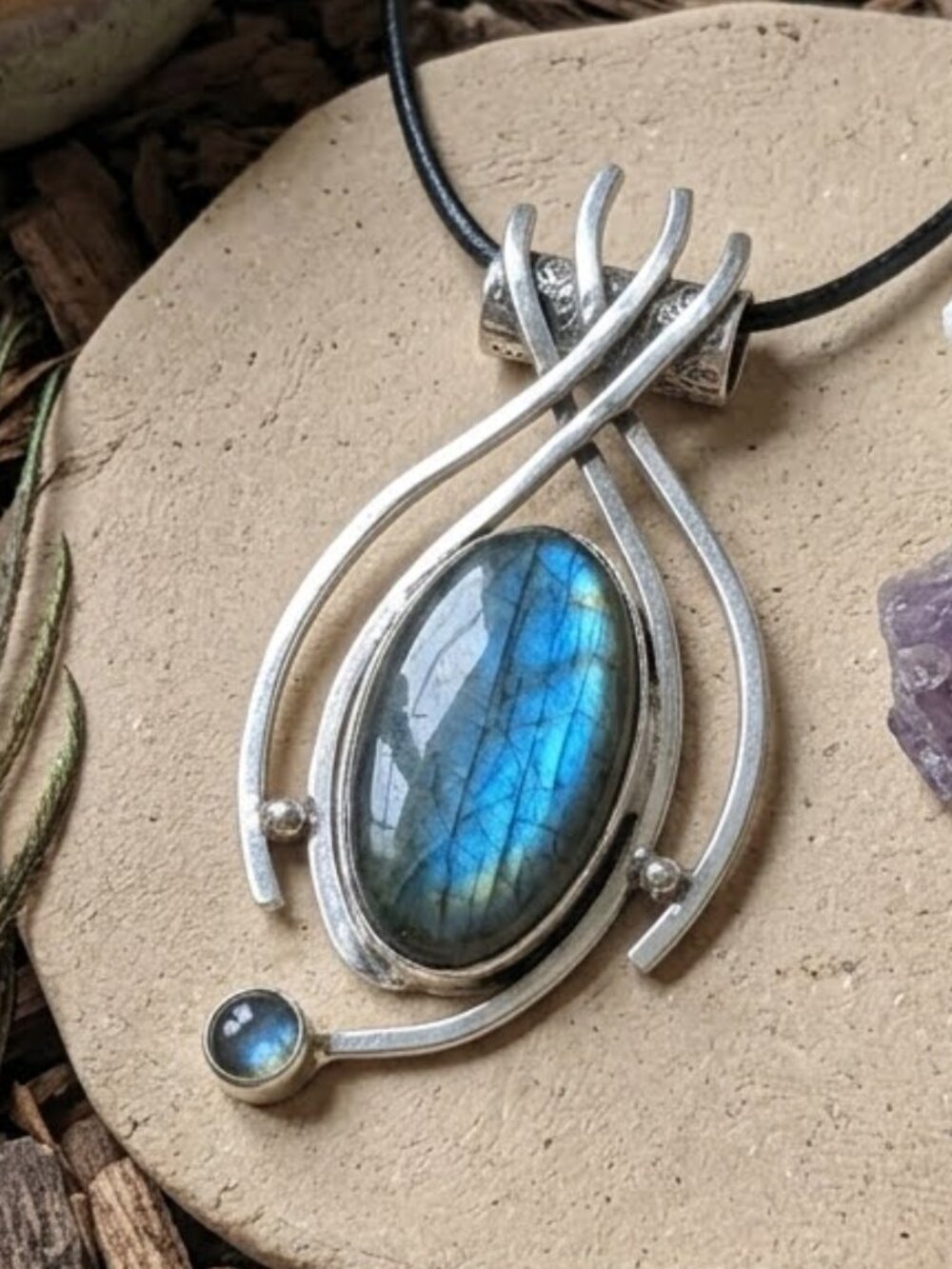 Genuine Blue Flash Labradorite 925 Silver Witchy Pendant Necklace Boho 19.5in - Picture 6 of 16